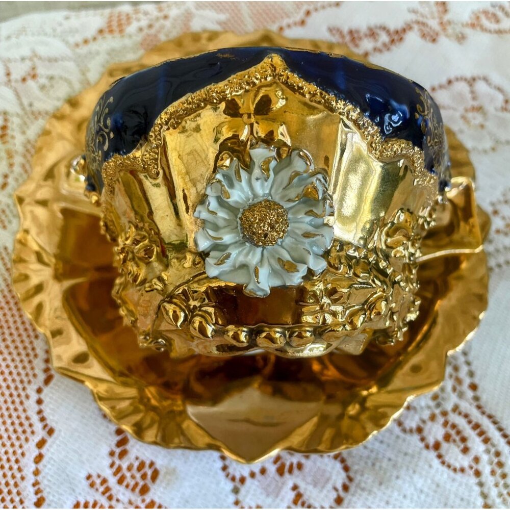 Antique German Porcelain Teacup Saucer Heavy Gold Cobalt Blue 3D Flower - Picture 13 of 16